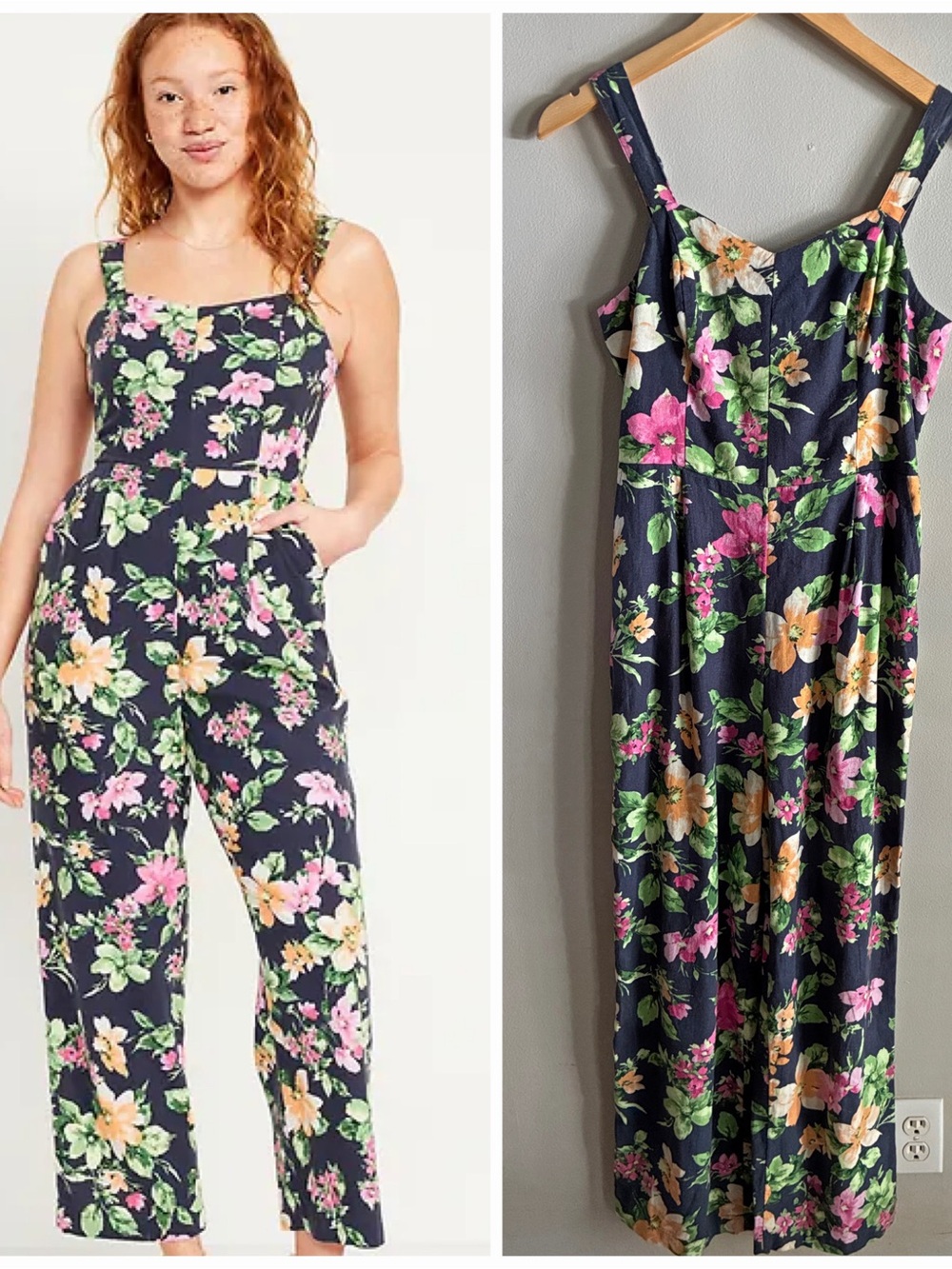Old Navy Floral Linen Blend Jumpsuit Small Navy Wide Leg Smocked Back